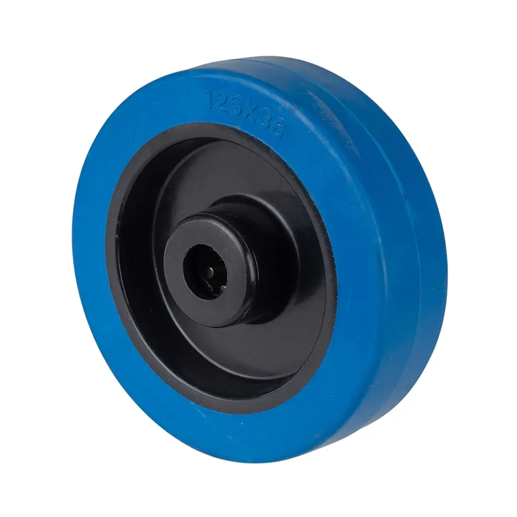 B61.125 Wheel series 125mm blue elastic rubber on polypropylene centre 15mm bore hub length 50mm roller bearing 200kg