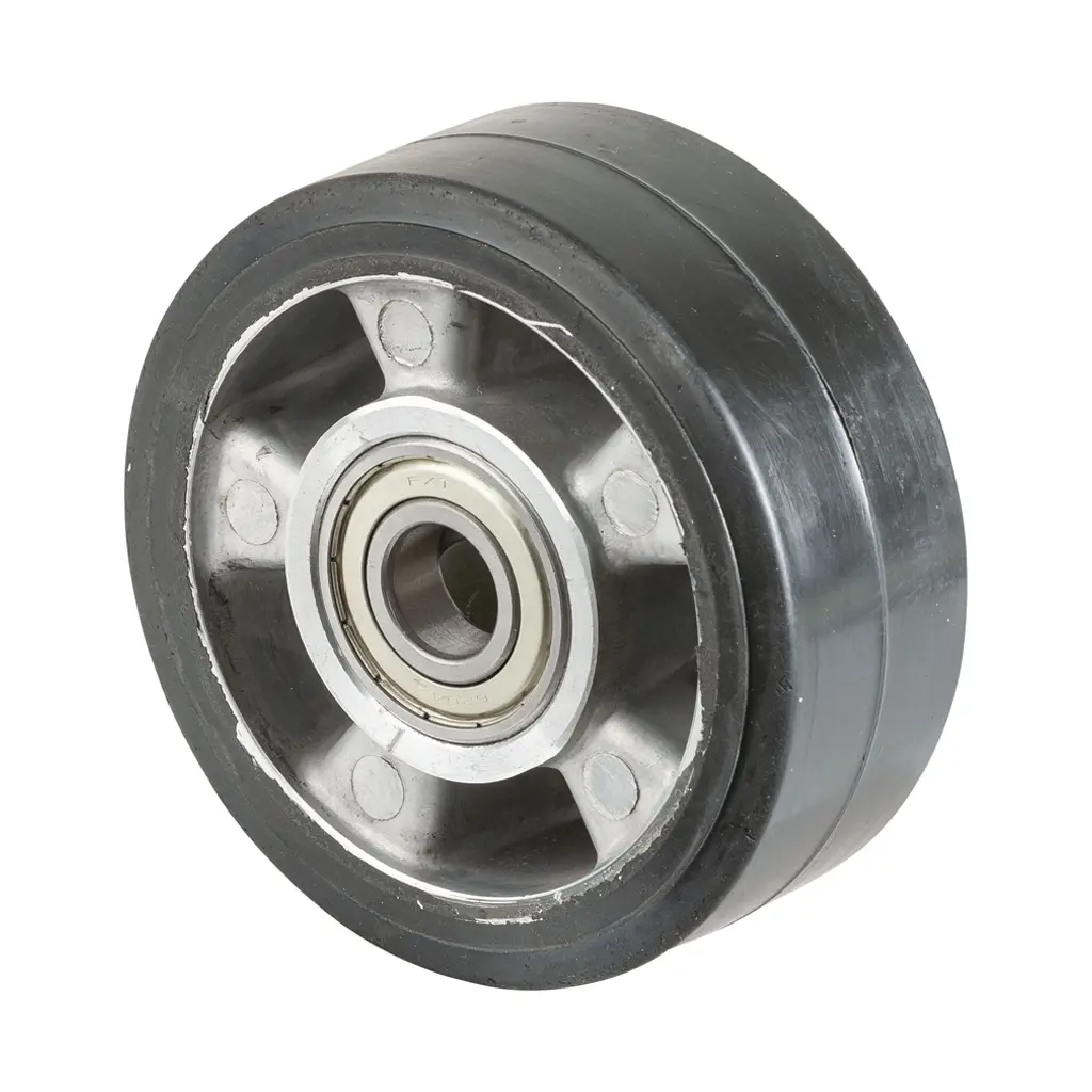 B80.125 Wheel series 125mm black elastic rubber on aluminium centre 20mm bore hub length 50mm ball bearings 220kg