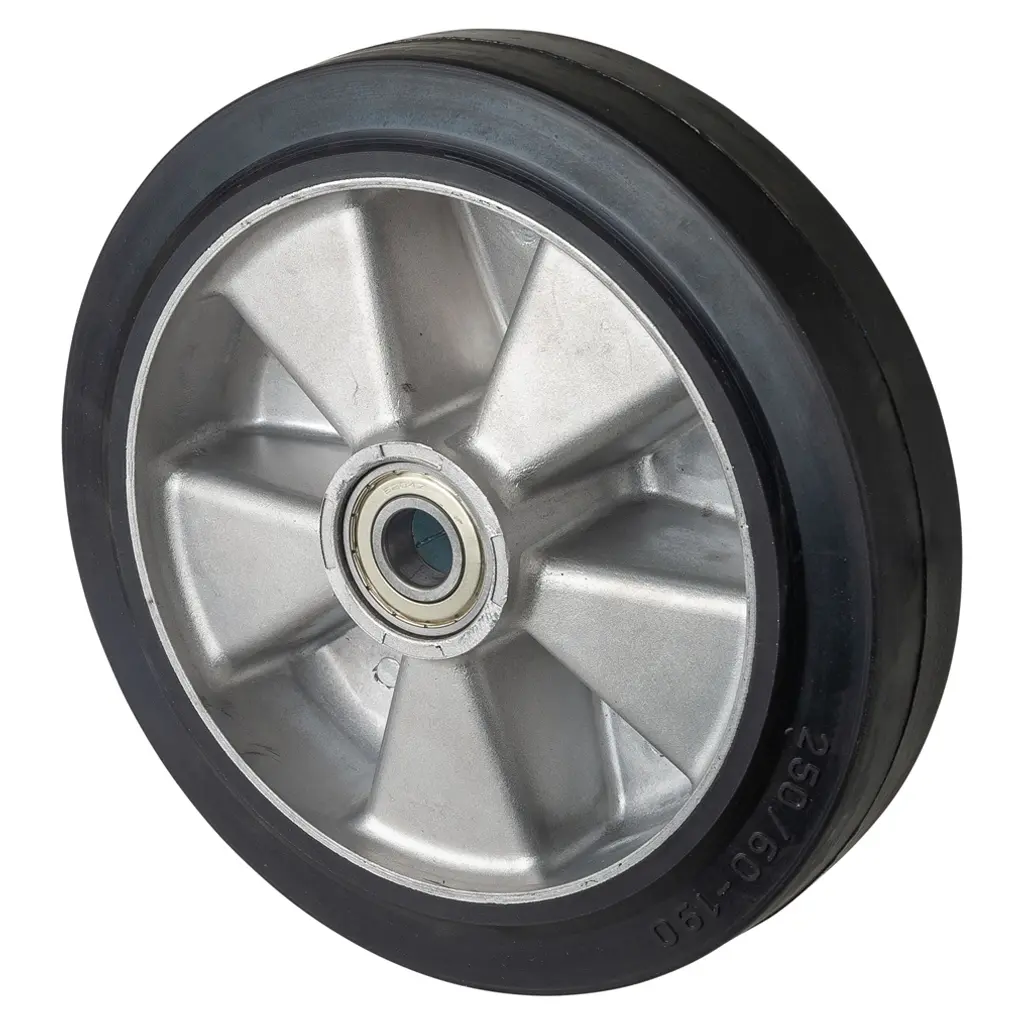 B80.250 Wheel series 250mm black elastic rubber on aluminium centre 20mm bore hub length 70mm ball bearings 600kg