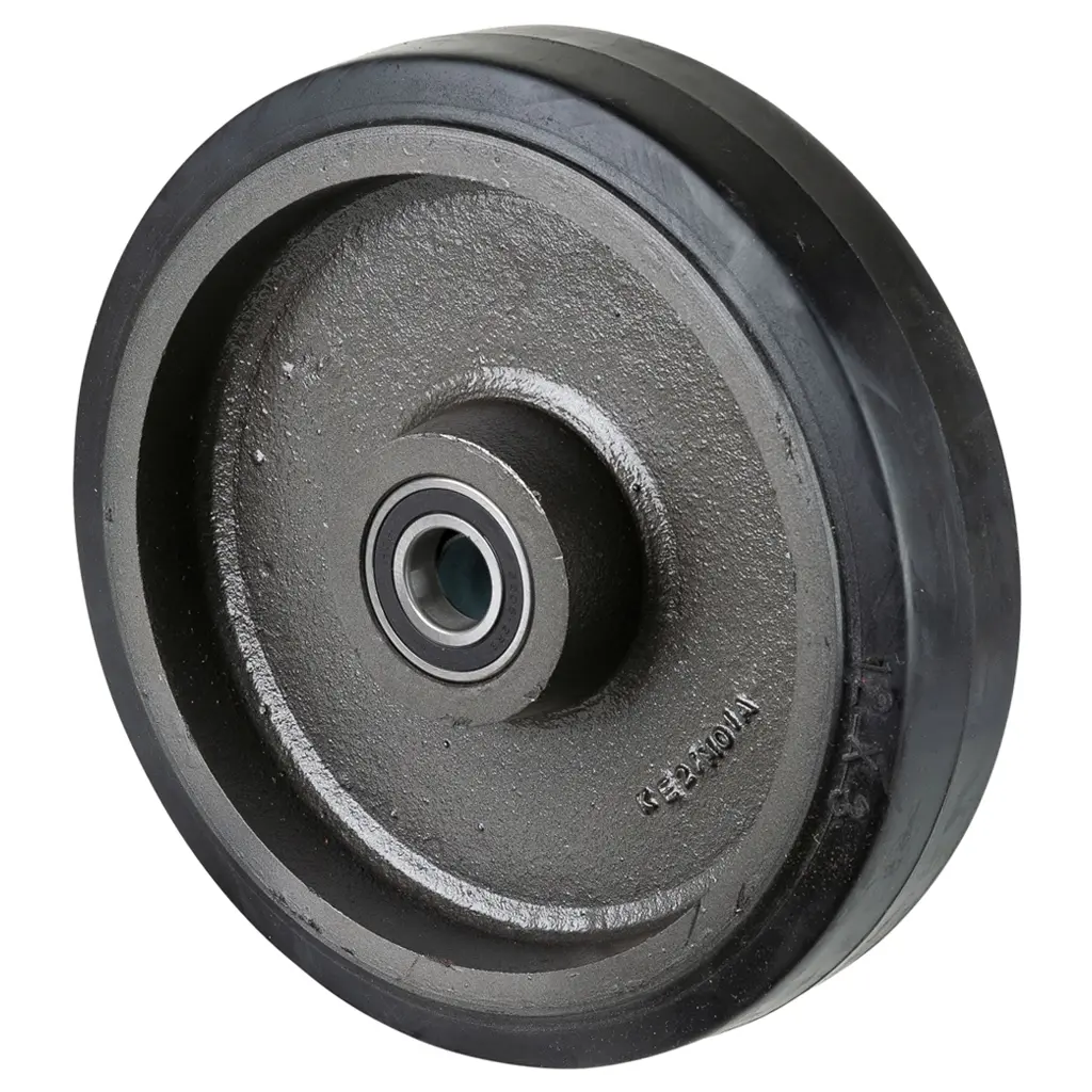 B81.303 Wheel series 300mm black elastic rubber on cast iron centre 30mm bore hub length 82mm ball bearings 850kg