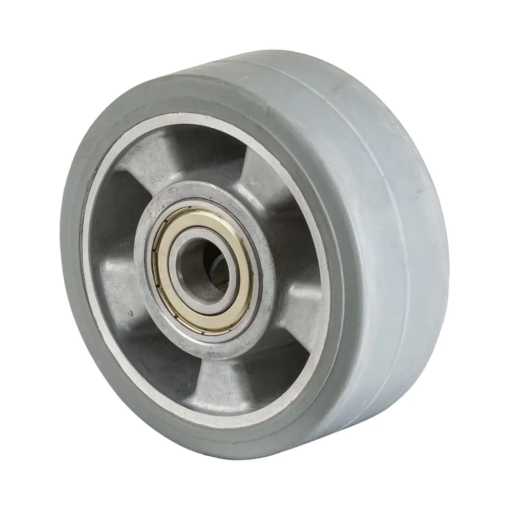 B83.125 Wheel series 125mm grey elastic rubber on aluminium centre 20mm bore hub length 50mm ball bearings 220kg
