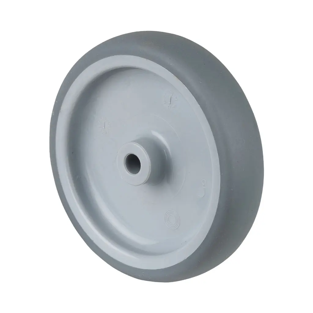 A80.105 Wheel series 100mm grey thermoplastic rubber on polypropylene centre 8mm bore hub length 28mm plain bearing 90kg