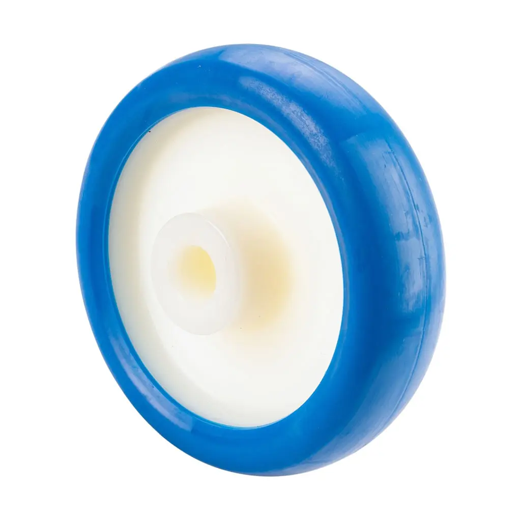 B32.126 Wheel series 125mm blue soft polyurethane on nylon centre 15mm bore hub length 50mm plain bearing 150kg