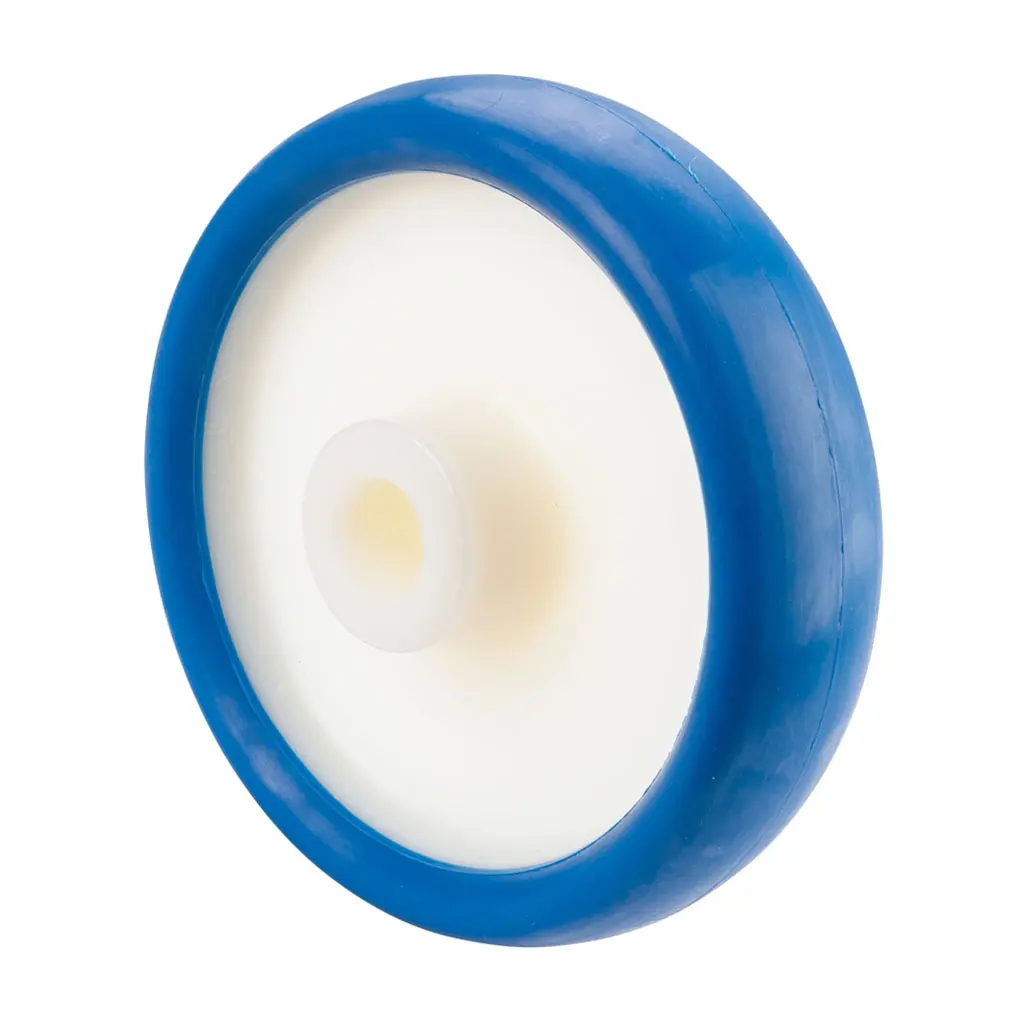 B32.161 Wheel series 160mm blue soft polyurethane on nylon centre 20mm bore hub length 60mm plain bearing 250kg