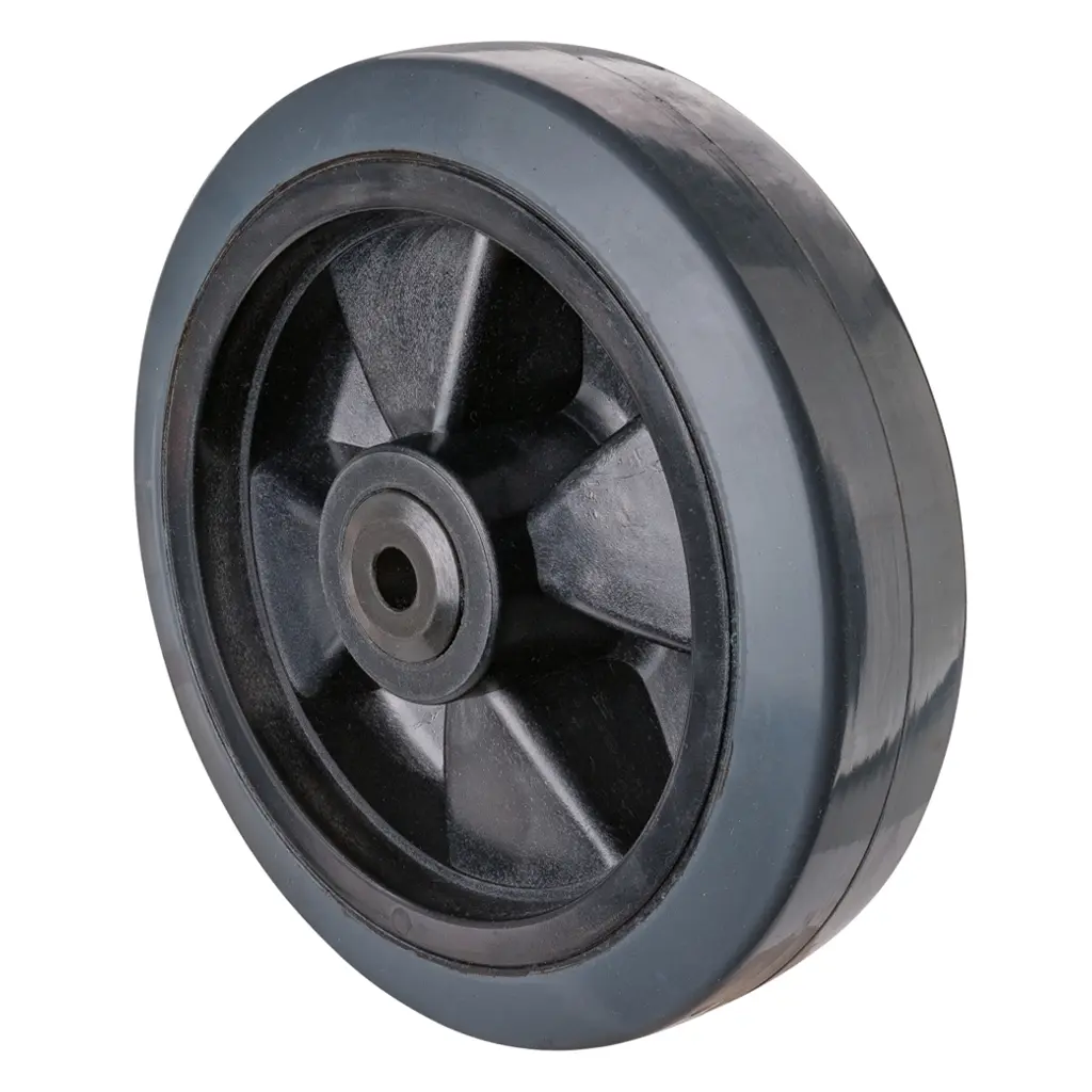B67.201 Wheel series 200mm grey elastic rubber on polypropylene centre 12mm bore hub length 60mm ball bearings 400kg