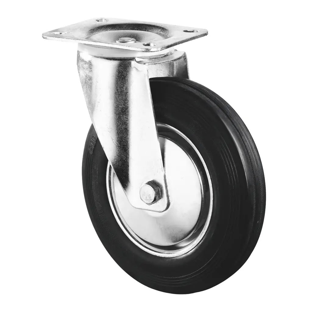 L400.B55.201 200mm swivel top plate 135x110mm castor with black rubber on pressed steel centre and thread guards roller bearing wheel 205kg