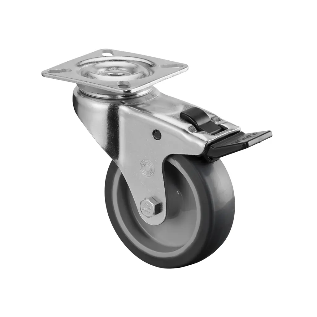 A320.A80.075 75mm swivel/brake top plate 60x60mm castor with grey thermoplastic rubber on polypropylene centre plain bearing wheel 75kg