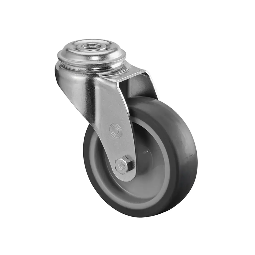 A301.A80.075 75mm swivel bolt hole 10mm castor with grey thermoplastic rubber on polypropylene centre plain bearing wheel 75kg