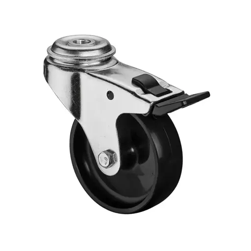 A321.A90.075 75mm swivel/brake bolt hole 10mm castor with black polypropylene plain bearing wheel 50kg