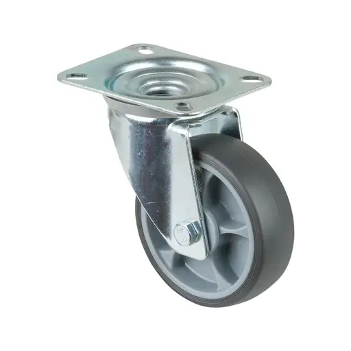L400.A85.102 100mm swivel top plate 104x80mm castor with grey thermoplastic rubber on polypropylene centre single ball bearing wheel 110kg