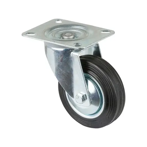 L400.B55.101 100mm swivel top plate 104x80mm castor with black rubber on pressed steel centre and thread guards roller bearing wheel 70kg