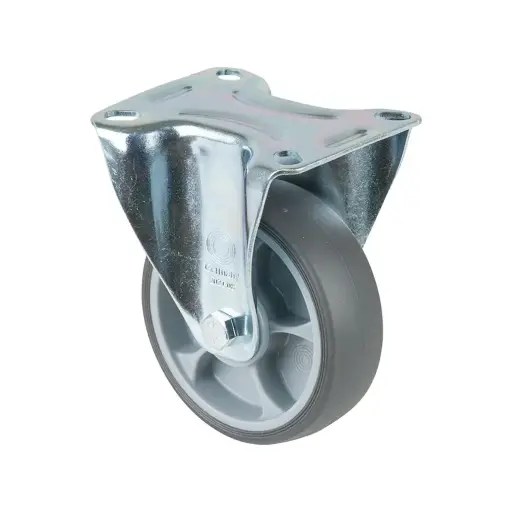 L410.A85.102 100mm fixed top plate 104x80mm castor with grey thermoplastic rubber on polypropylene centre single ball bearing wheel 110kg