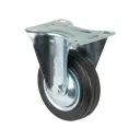 L410.B55.101 100mm fixed top plate 104x80mm castor with black rubber on pressed steel centre and thread guards roller bearing wheel 70kg
