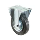 L410.B55.126 125mm fixed top plate 105x80mm castor with black rubber on pressed steel centre and thread guards roller bearing wheel 100kg