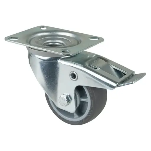 L420.A85.082 80mm swivel/brake top plate 104x80mm castor with grey thermoplastic rubber on polypropylene centre single ball bearing wheel 100kg