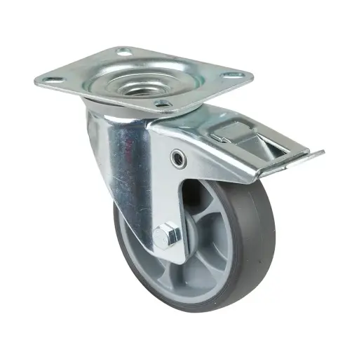 L420.A85.102 100mm swivel/brake top plate 104x80mm castor with grey thermoplastic rubber on polypropylene centre single ball bearing wheel 110kg