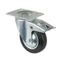 L420.B55.101 100mm swivel/brake top plate 104x80mm castor with black rubber on pressed steel centre and thread guards roller bearing wheel 70kg