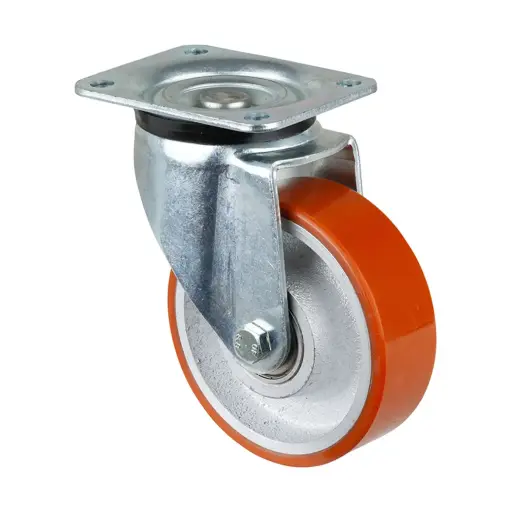 L600.C10.150, 150mm swivel top plate 135x110mm castor with brown polyurethane on cast iron centre ball bearing wheel 800kg
