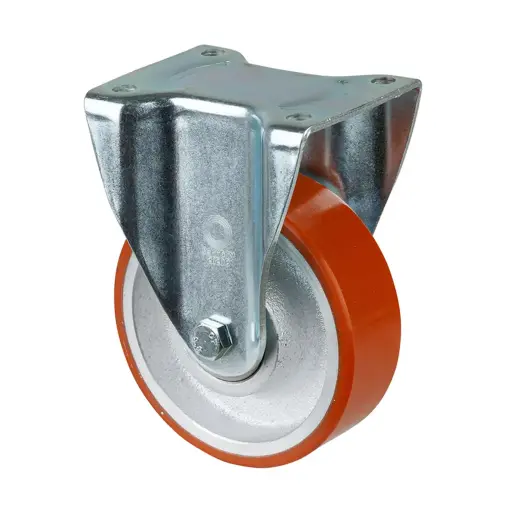 L610.C10.150, 150mm fixed top plate 135x110mm castor with brown polyurethane on cast iron centre ball bearing wheel 800kg