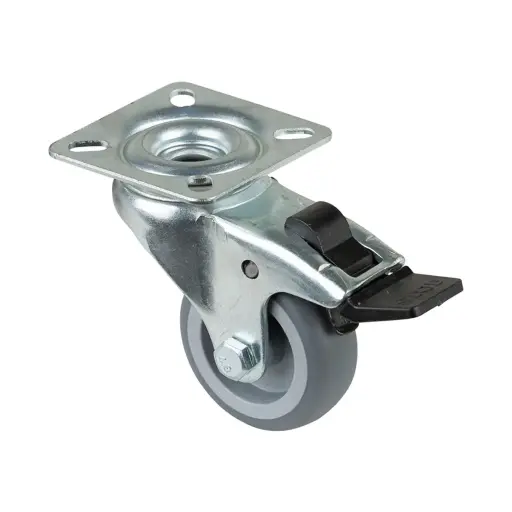 A320.A80.051 50mm swivel/brake top plate 60x60mm castor with grey thermoplastic rubber on polypropylene centre plain bearing wheel 50kg