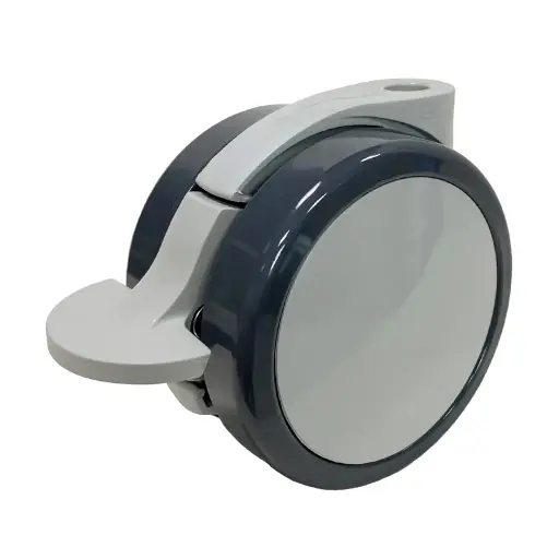 GRX7522 Series 2x75mm light grey twin wheel castor with foot brake, no fitting, dark grey polyurethane tread on light grey nylon centre wheels 