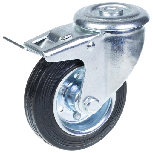 300 series 100mm swivel/brake bolt hole 12,5mm castor with black rubber on pressed steel centre roller bearing wheel 90kg