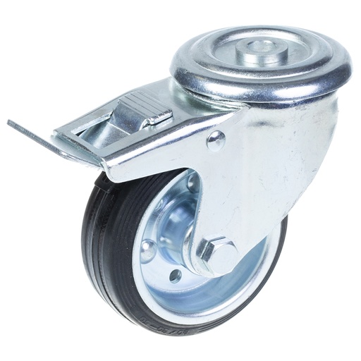 300 series 80mm swivel/brake bolt hole 12,5mm castor with black rubber on pressed steel centre roller bearing wheel 70kg