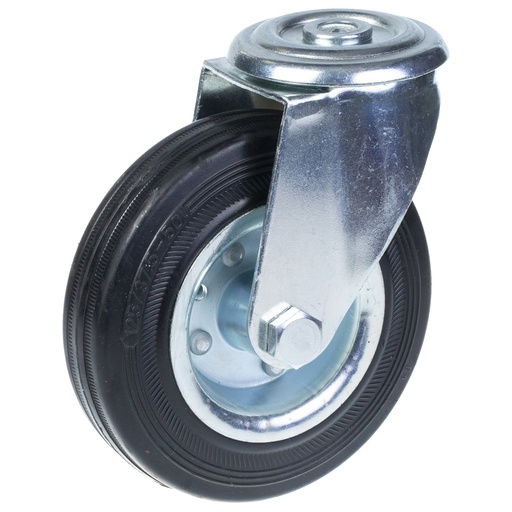 300 series 125mm swivel bolt hole 12,5mm castor with black rubber on pressed steel centre roller bearing wheel 120kg