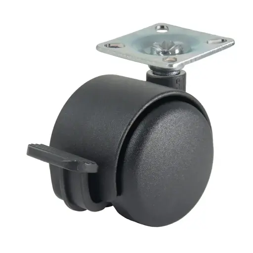 GR5016 Series 2x50mm black twin wheel swivel/brake top plate 38x38mm castor with black nylon wheels 50kg