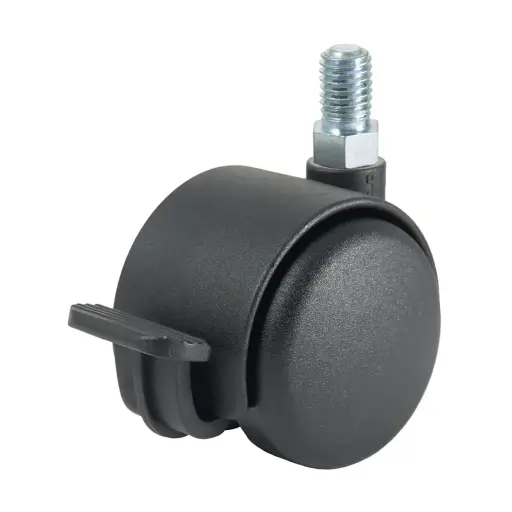GR5016 Series 2x50mm black twin wheel swivel/brake threaded stem M10x15mm castor with black nylon wheels 50kg