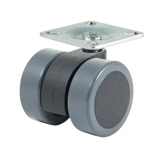 GRX38 Series 2x38mm black twin wheel swivel top plate 38x38mm castor with dark grey polyurethane tread on black nylon centre wheels 50kg