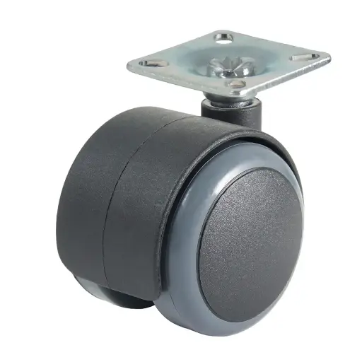 GR5016 Series 2x50mm black twin wheel swivel top plate 38x38mm castor with dark grey polyurethane tread on black nylon centre wheels 50kg