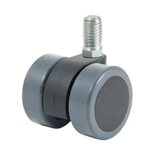 GRX38 Series 2x38mm black twin wheel swivel threaded stem M10x15mm castor with dark grey polyurethane tread on black nylon centre wheels 60kg