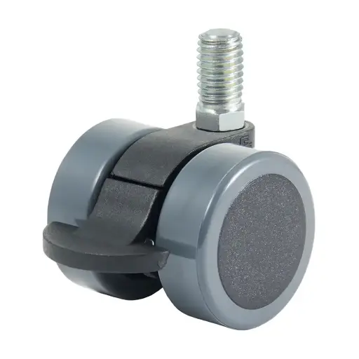 GRX38 Series 2x38mm black twin wheel swivel/brake threaded stem M10x15mm castor with dark grey polyurethane tread on black nylon centre wheels 60kg