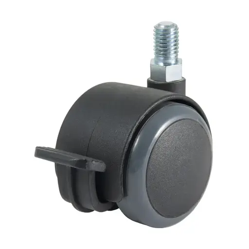 GR5016 Series 2x50mm black twin wheel swivel/brake threaded stem M10x15mm castor with dark grey polyurethane tread on black nylon centre wheels 50kg