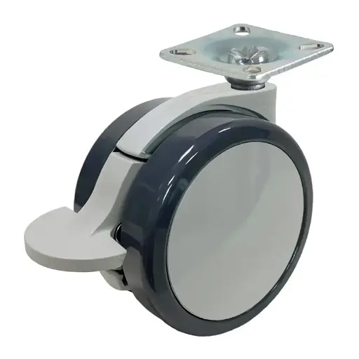 GRX7522 Series 2x75mm light grey twin wheel swivel/brake top plate 42x42mm castor with dark grey polyurethane tread on light grey nylon centre wheels 50kg