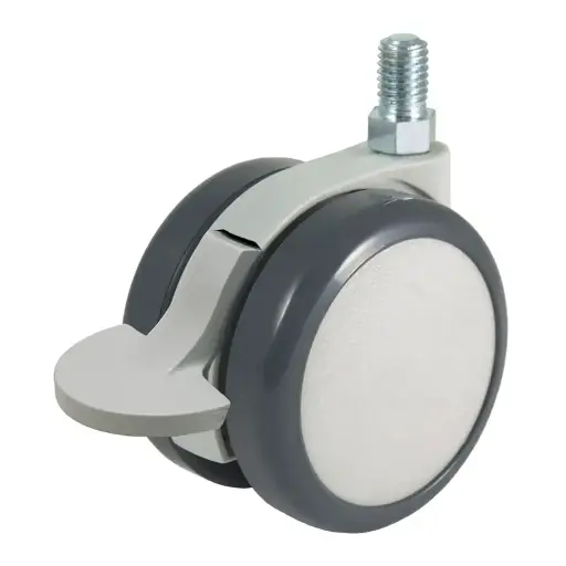GRX6518 Series 2x65mm light grey twin wheel swivel/brake threaded stem M10x15mm castor with dark grey polyurethane tread on light grey nylon centre wheels 50kg