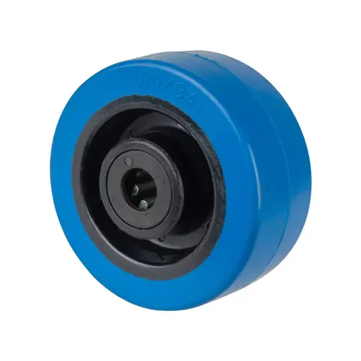 B61.080 Wheel series 80mm blue elastic rubber on polypropylene centre 12mm bore hub length 40mm roller bearing 120kg