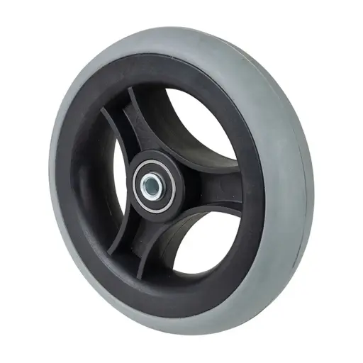 A86.151 Wheel series 150mm grey rubber on polypropylene centre 8mm bore hub length 36mm ball bearings 40kg