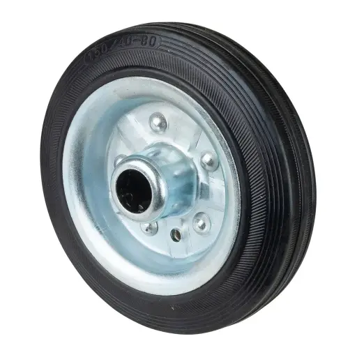 B55.150 Wheel series 150mm black rubber on zinc plated steel centre 20mm bore hub length 49mm roller bearing 160kg