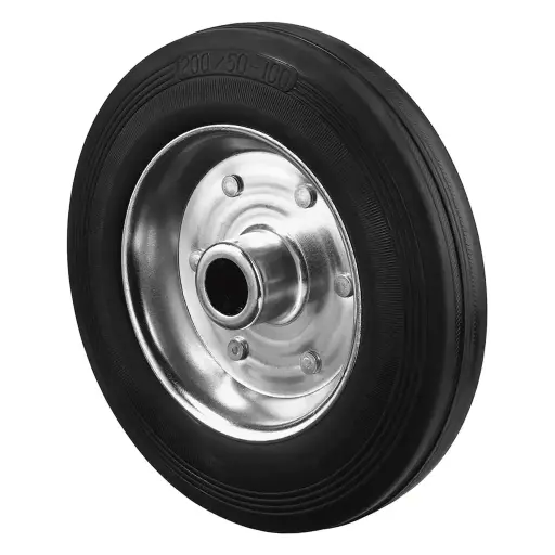 B55.200 Wheel series 200mm black rubber on zinc plated steel centre 20mm bore hub length 60mm roller bearing 205kg