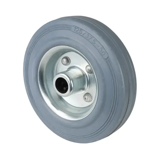 B56.125 Wheel series 125mm grey rubber on zinc plated steel centre 15mm bore hub length 50mm roller bearing 100kg