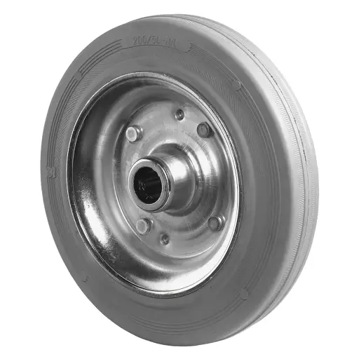 B56.200 Wheel series 200mm grey rubber on zinc plated steel centre 20mm bore hub length 60mm roller bearing 205kg
