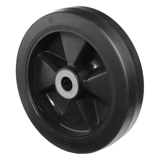 B60.200 Wheel series 200mm black elastic rubber on polypropylene centre 20mm bore hub length 58mm roller bearing 400kg