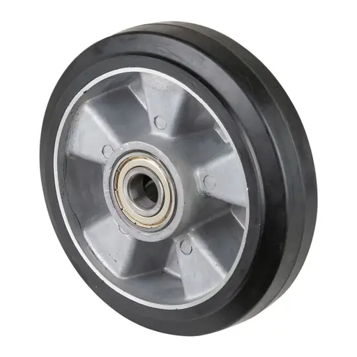 B80.180 Wheel series 180mm black elastic rubber on aluminium centre 20mm bore hub length 60mm ball bearings 400kg