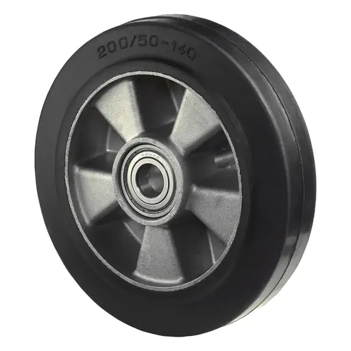 B80.200 Wheel series 200mm black elastic rubber on aluminium centre 20mm bore hub length 60mm ball bearings 450kg