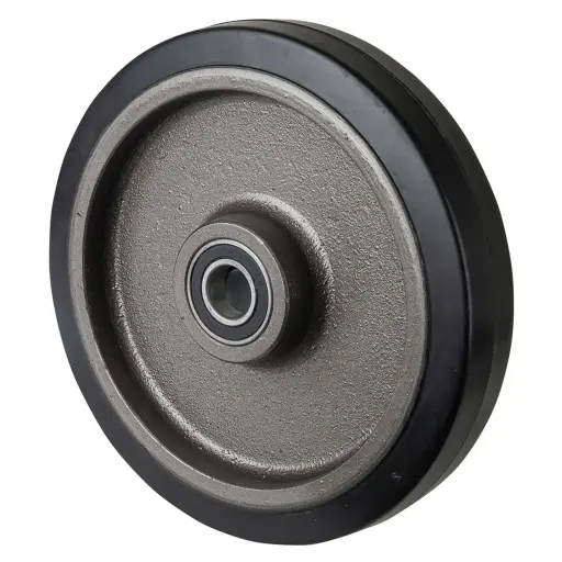 B81.252 Wheel series 250mm black elastic rubber on cast iron centre 25mm bore hub length 60mm ball bearings 500kg