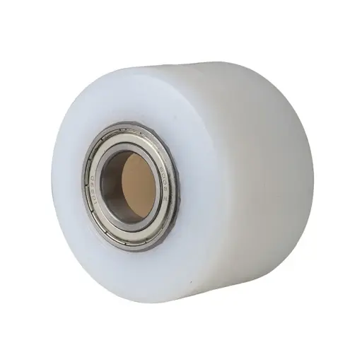 C45.85.25 Wheel series Pallet truck roller 85x60mm white nylon 25mm bore, width over ball bearings 59mm, 600kg