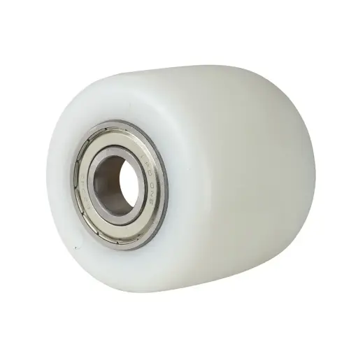 C45/82/70/73/20 Wheel series Pallet truck roller 82x70mm white nylon 20mm bore, width over ball bearings 73mm, 700kg