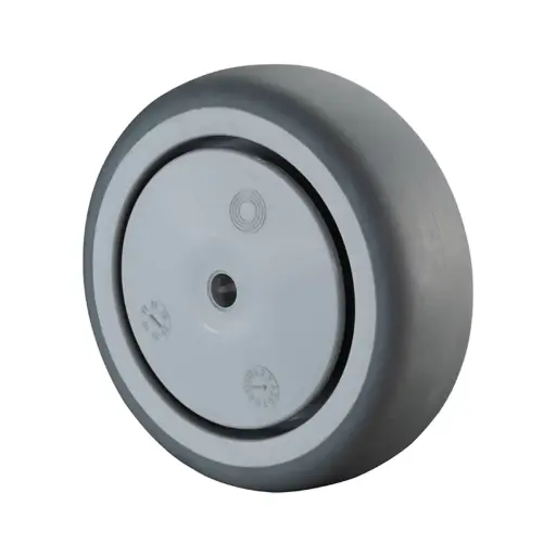 A85.076 Wheel series 75mm grey thermoplastic rubber on polypropylene centre 6mm bore hub length 28mm single ball bearing 75kg